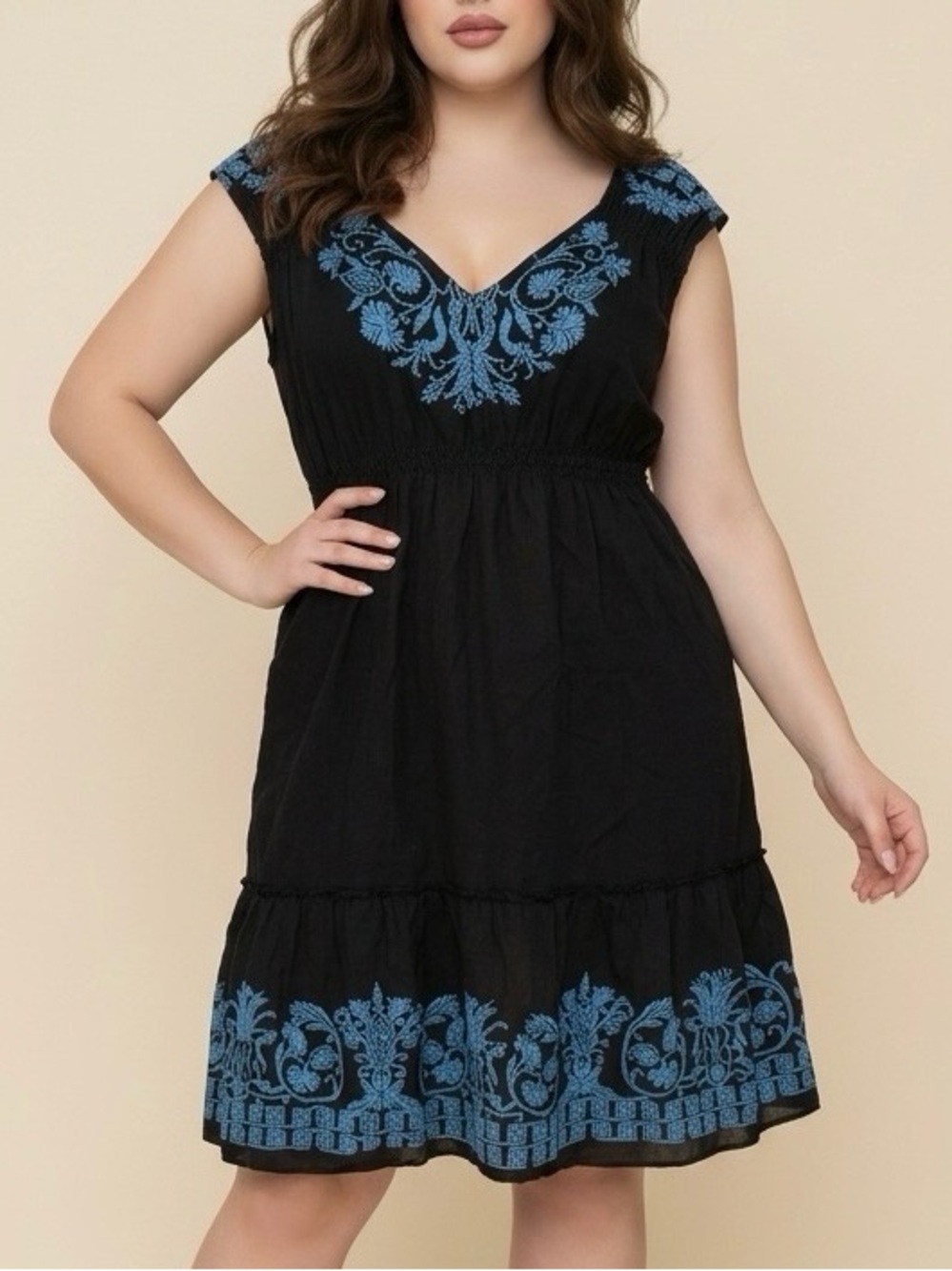 Johnny Was Black Cotton Dress with Blue Embroidery